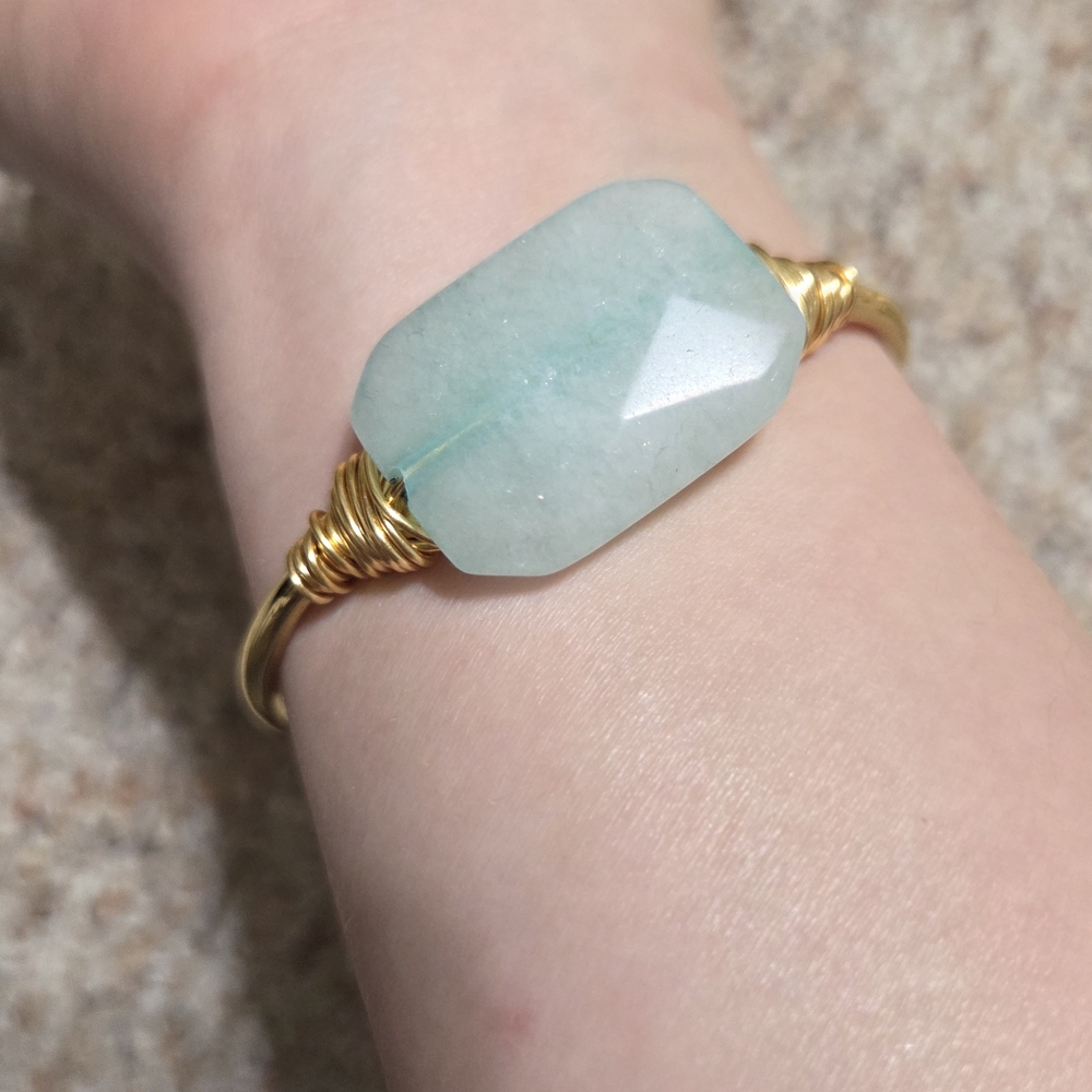 Elegant Gold and Blue Green Gemstone Cuff Bracelet - Picture 7 of 7